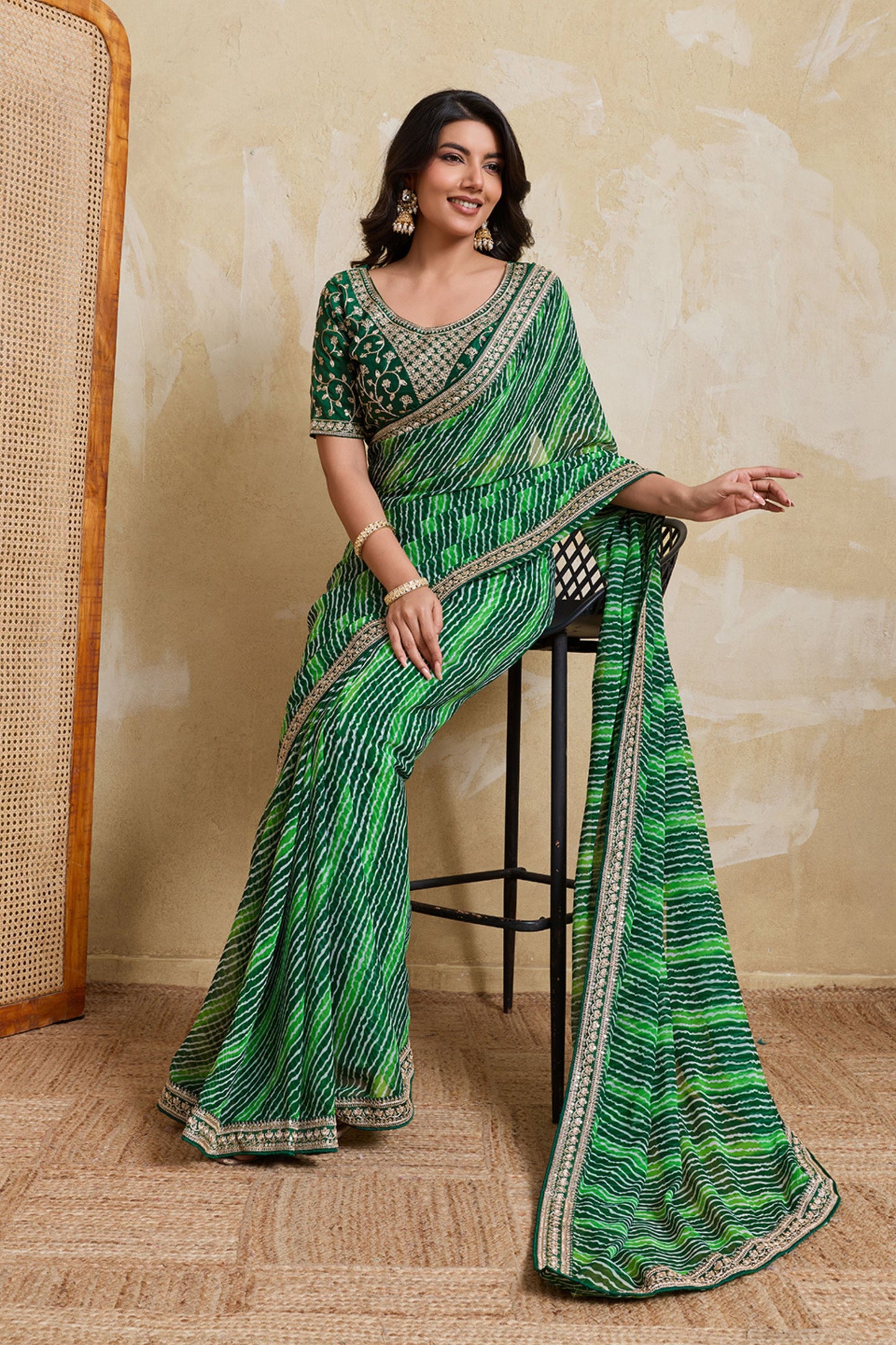 Green Georgette Saree with Golden Embroidered Border Designer Blouse