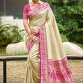 Golden Beige Silk Saree Rani Pink Banarasi Border Traditional Saree 