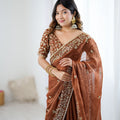 Rust Brown Organza Silk Saree with Heavy Designer Blouse