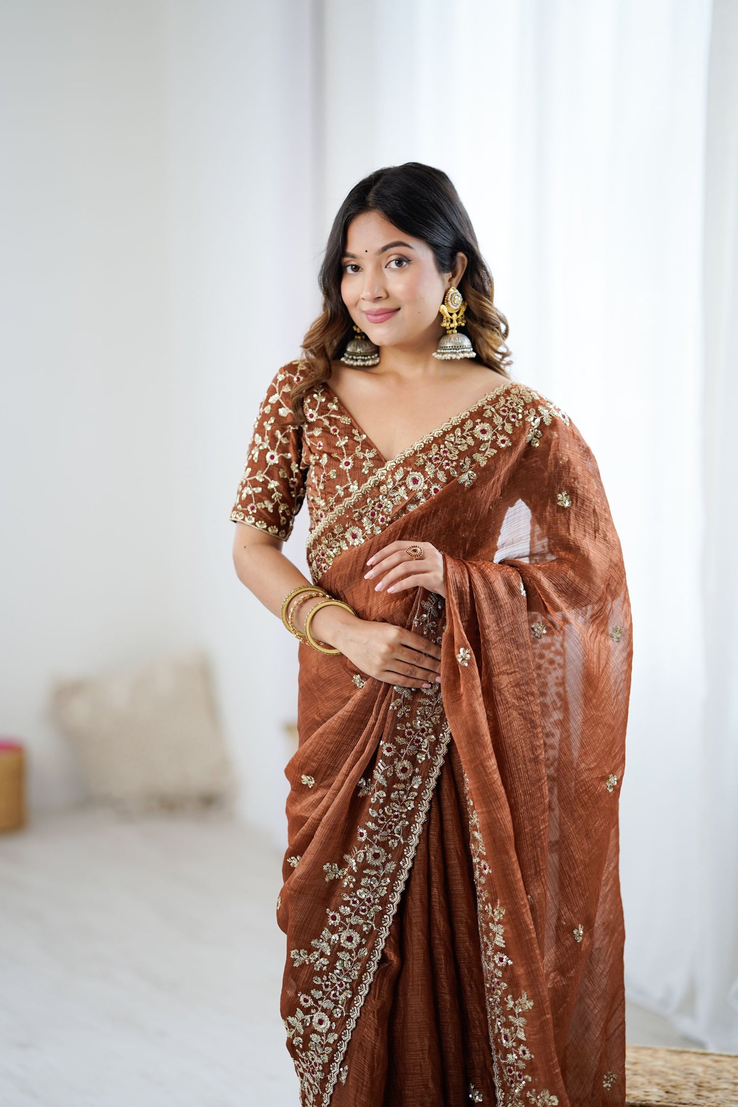Rust Brown Organza Silk Saree with Heavy Designer Blouse