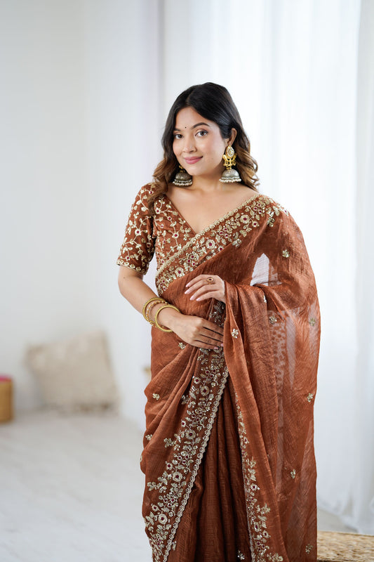 Rust Brown Organza Silk Saree with Heavy Designer Blouse