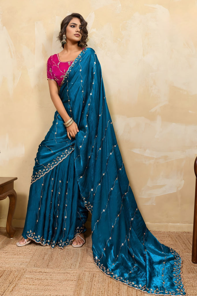 Teal Blue Silk Saree with Silver Zari Embroidery Pink Designer Blouse
