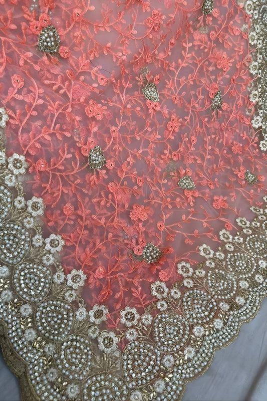 Peach Net Saree Heavy Pearl Sequins Embroidery Border