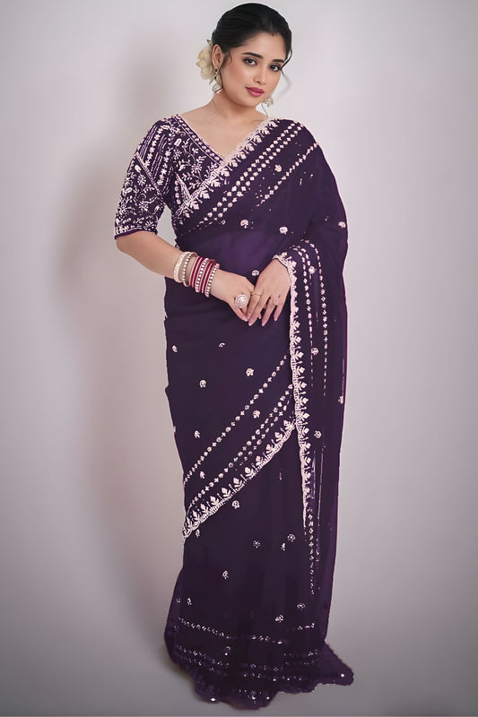Purple Georgette Saree with Heavy Sequins Embroidery Blouse