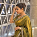 Olive Green Organza Silk Saree Sequins Embroidered Border Designer Blouse