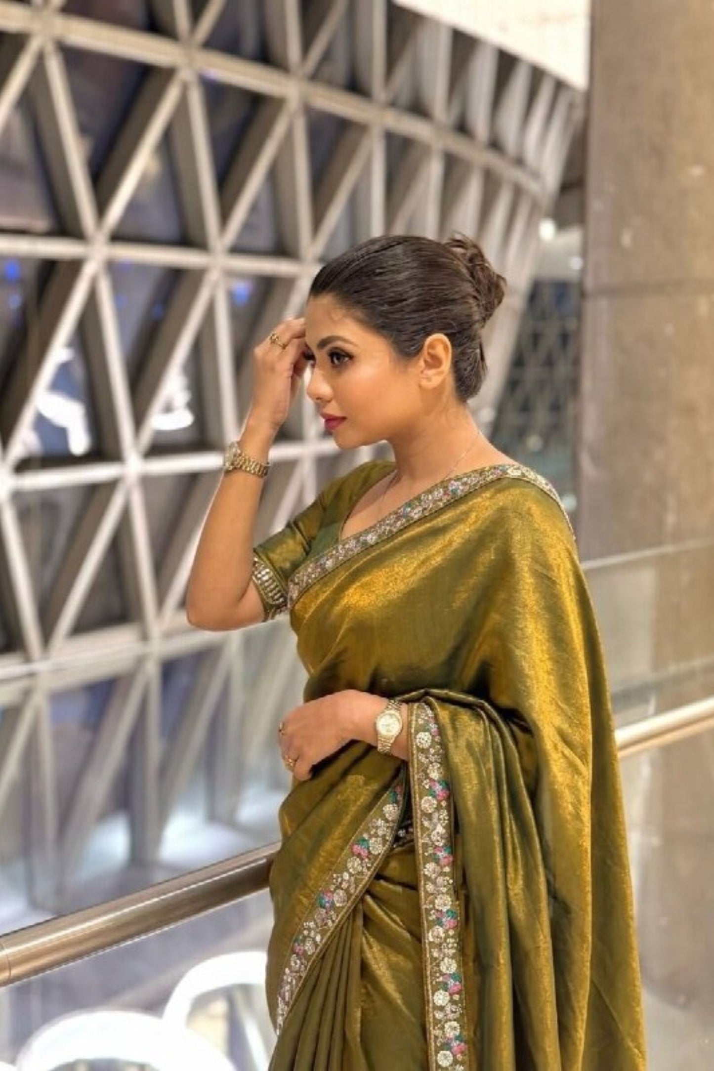 Olive Green Organza Silk Saree Sequins Embroidered Border Designer Blouse