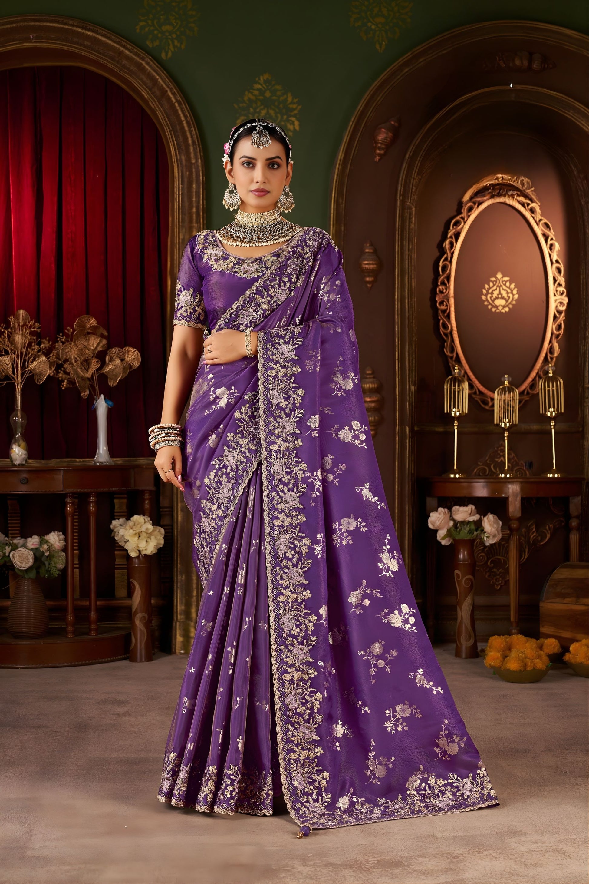 Purple Silk Saree with Heavy Silver Zari Embroidery Designer Blouse