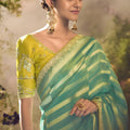 Sea Green Soft Silk Saree with Gold Zari Stripes Designer Blouse