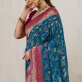 Teal Blue Banarasi Silk Saree Rich Pink Zari Border Floral Weaving Blouse