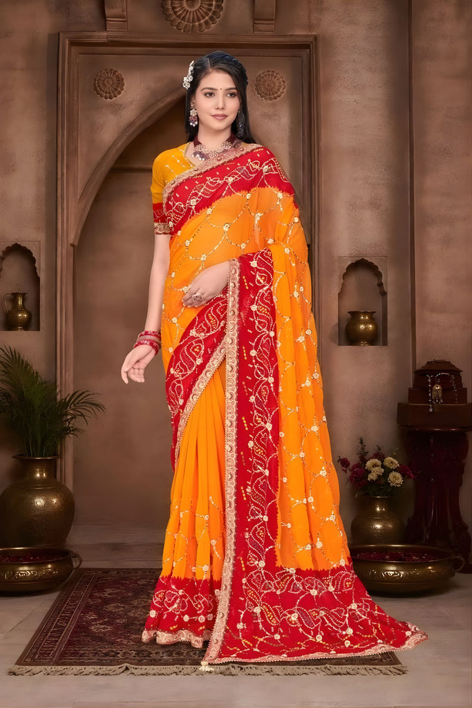 Orange Red Georgette Bandhani Saree Gota Patti Work Embroidered Border 