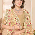 Golden Beige Net Floral Embroidered Saree Heavy Scalloped Border Blouse