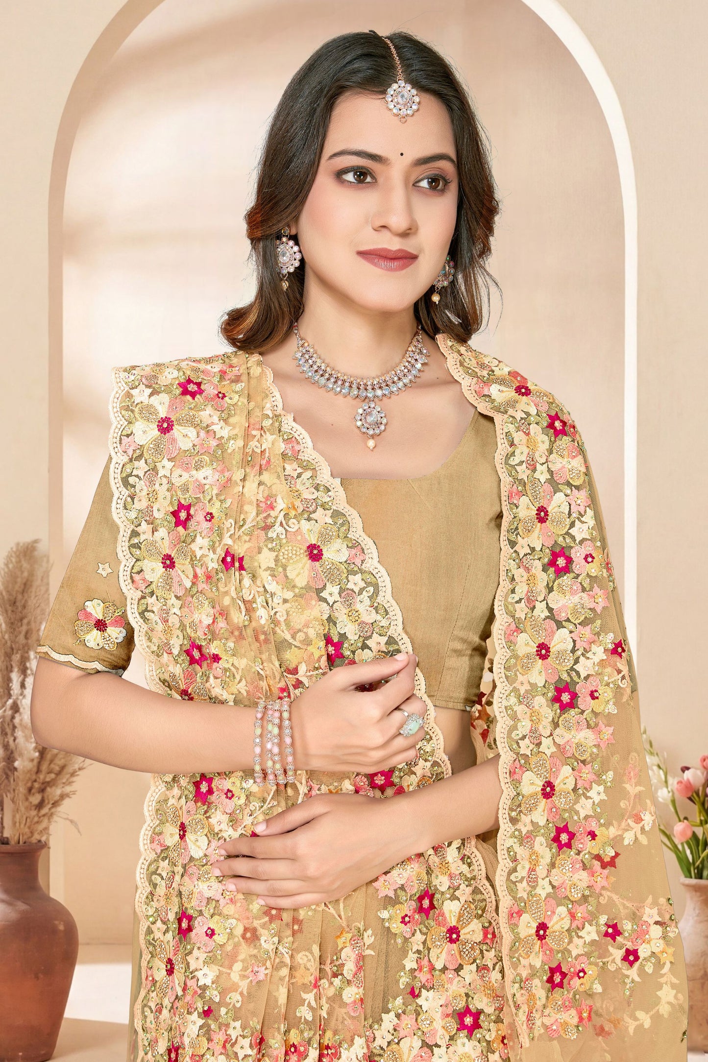 Golden Beige Net Floral Embroidered Saree Heavy Scalloped Border Blouse