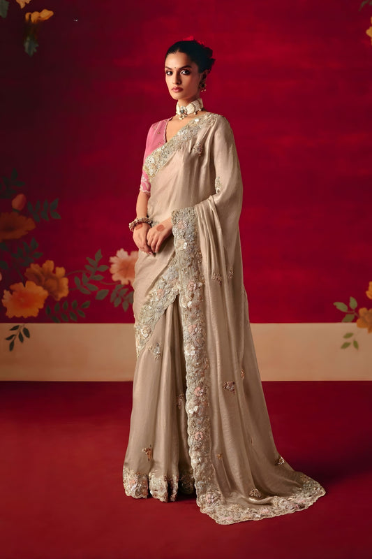 Designer Beige Silk Saree with Heavy Sequin Embroidery Border 