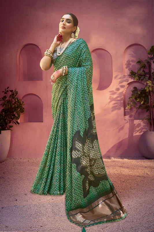 Green Handloom Ikat Silk Saree with Traditional Woven Motifs Contrast Border
