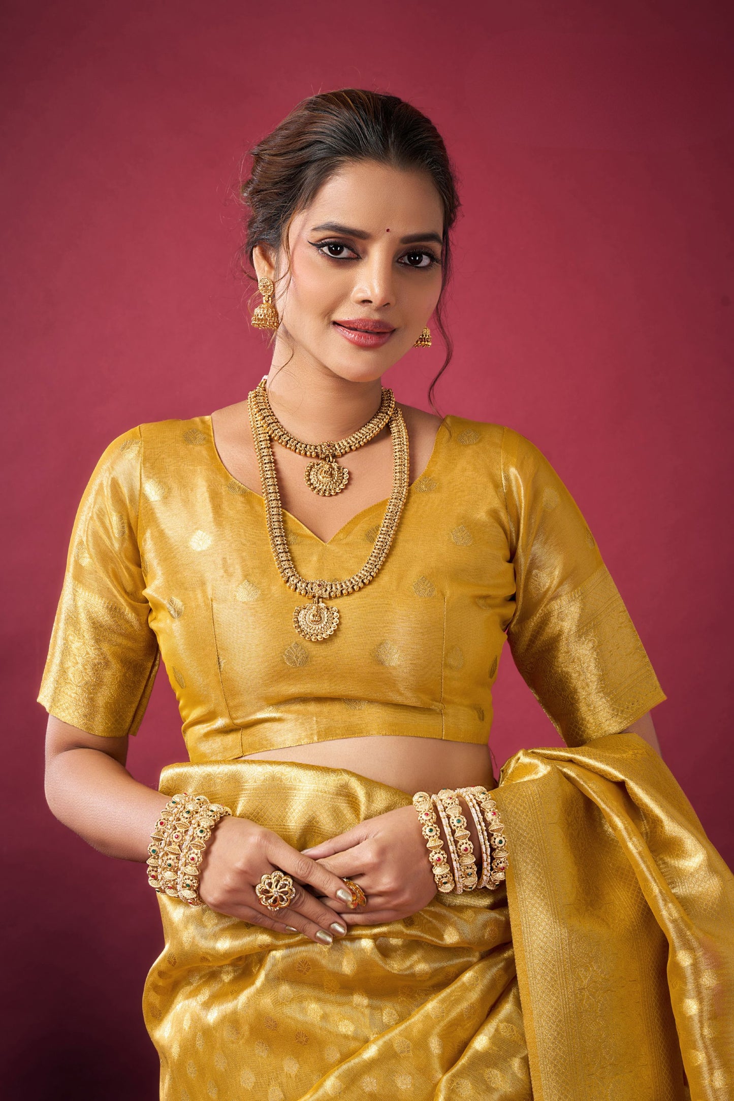 Mustard Yellow Banarasi Silk Saree Rich Golden Zari Weaving Blouse