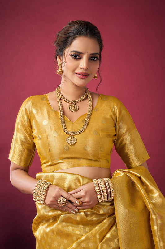 Mustard Yellow Banarasi Silk Saree Rich Golden Zari Weaving Blouse