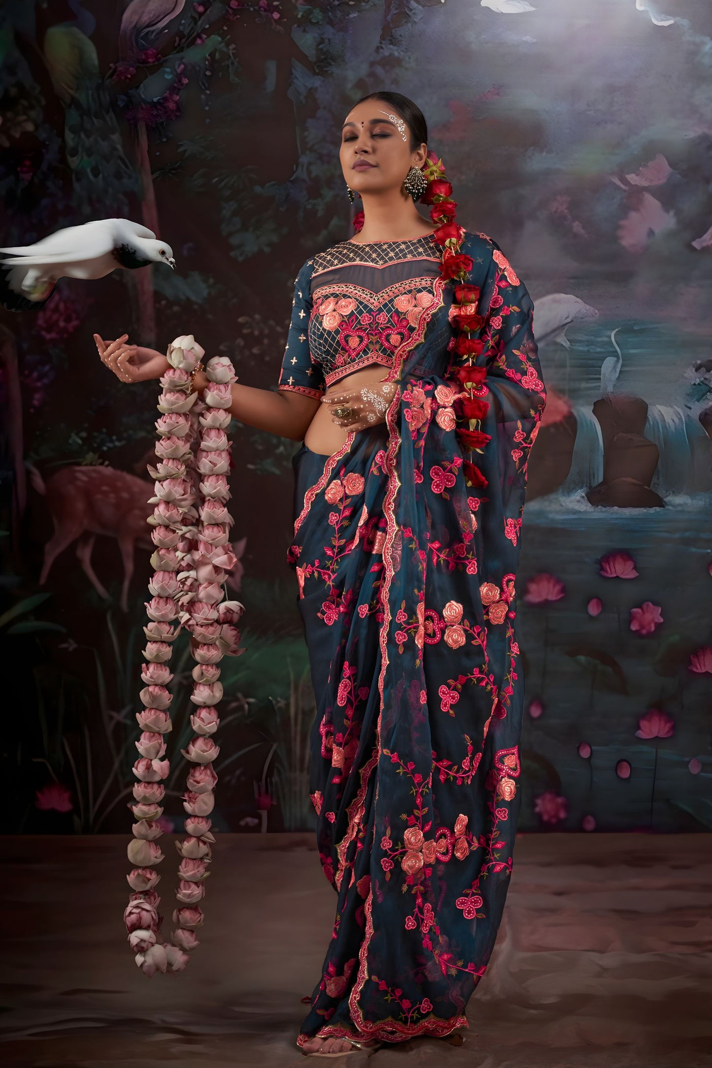 Designer Navy Blue Floral Embroidered Saree with Stylish Blouse 