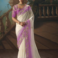 White Lavender Embroidered Saree Zari Border Designer Saree