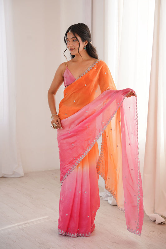 Peach Orange Hot Pink Ombre Organza Saree Embroidered Border