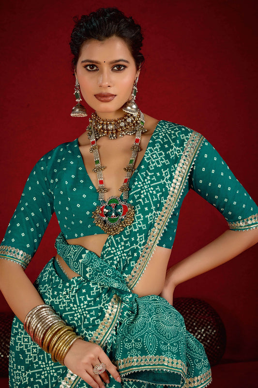 Teal Bandhej Print Designer Saree Matching Blouse Festive Wear