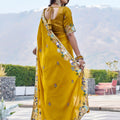 Mustard Yellow Georgette Saree Elephant Embroidery Blouse