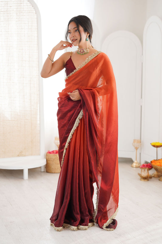 Wine Red Organza Silk Saree Designer Gold Lace Border Matching Blouse