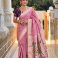 Dusty Pink Linen Silk Saree Hand Painted Lotus Pallu Zari Border