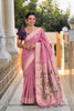 Dusty Pink Linen Silk Saree Hand Painted Lotus Pallu Zari Border