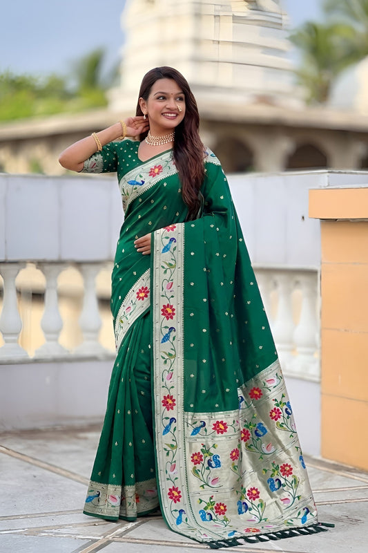 Dark Green Floral Woven Linen Silk Saree Designer Peacock Border