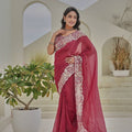 Rose Pink Georgette Saree Heavy Embroidered Border Designer Blouse