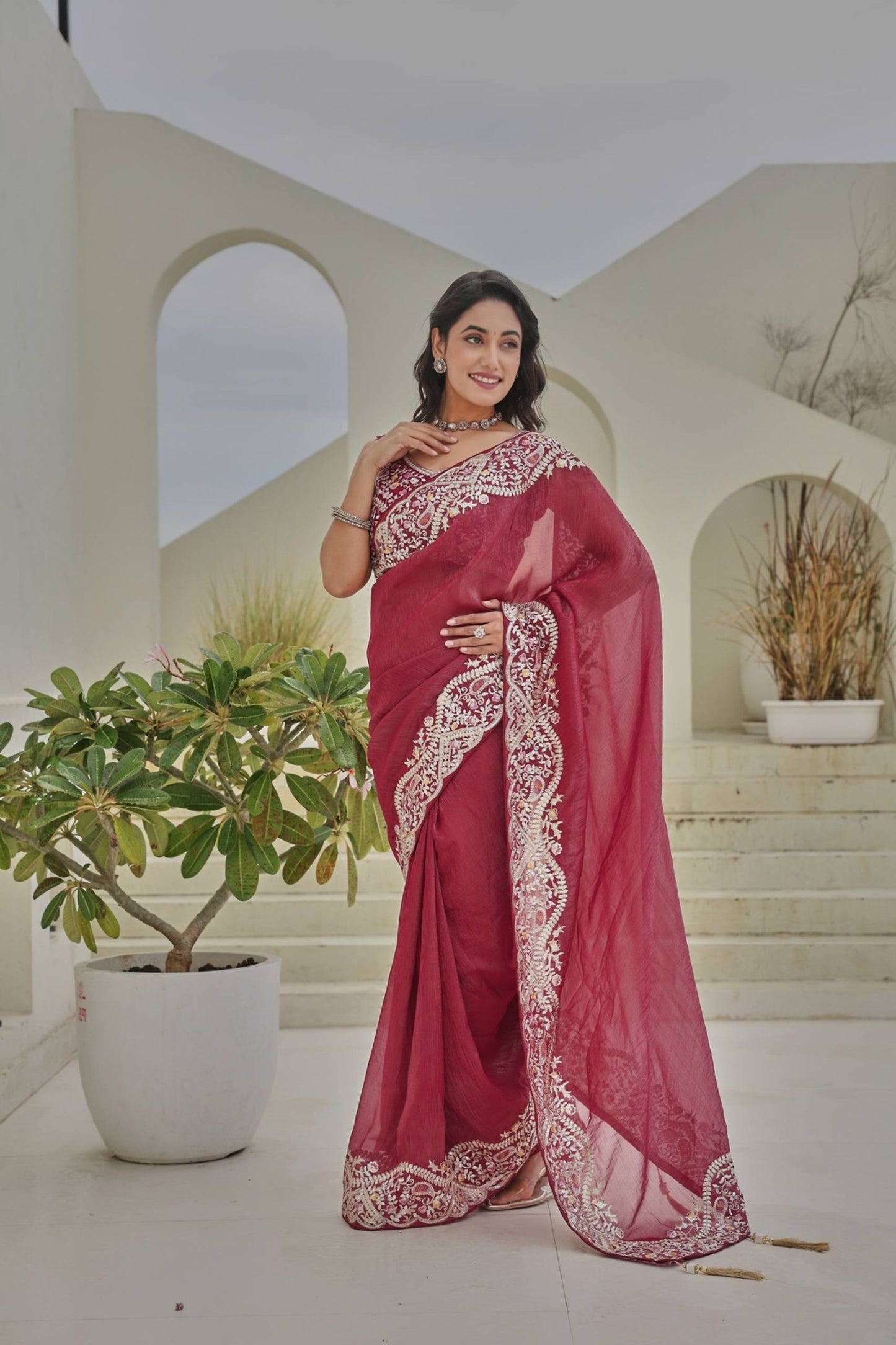 Rose Pink Georgette Saree Heavy Embroidered Border Designer Blouse