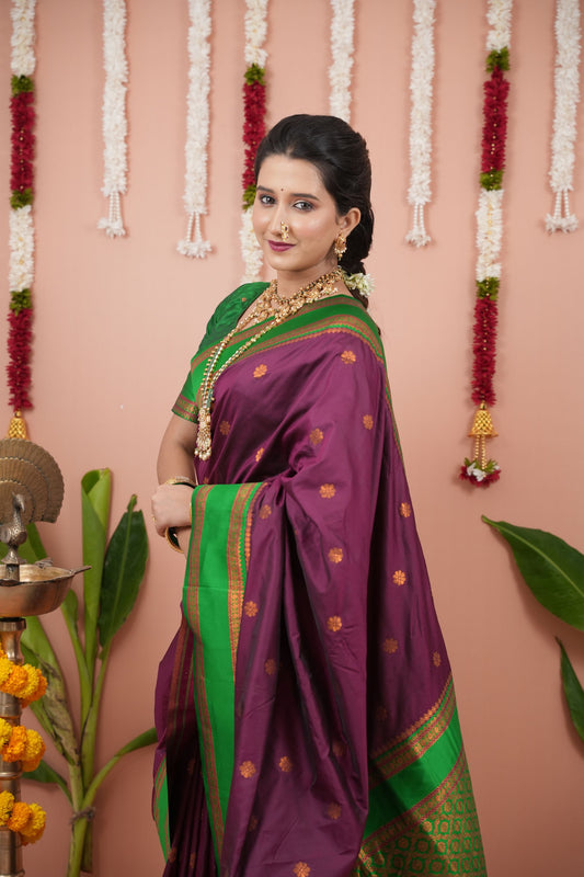 Purple Silk Saree with Green Woven Border Traditional Design
