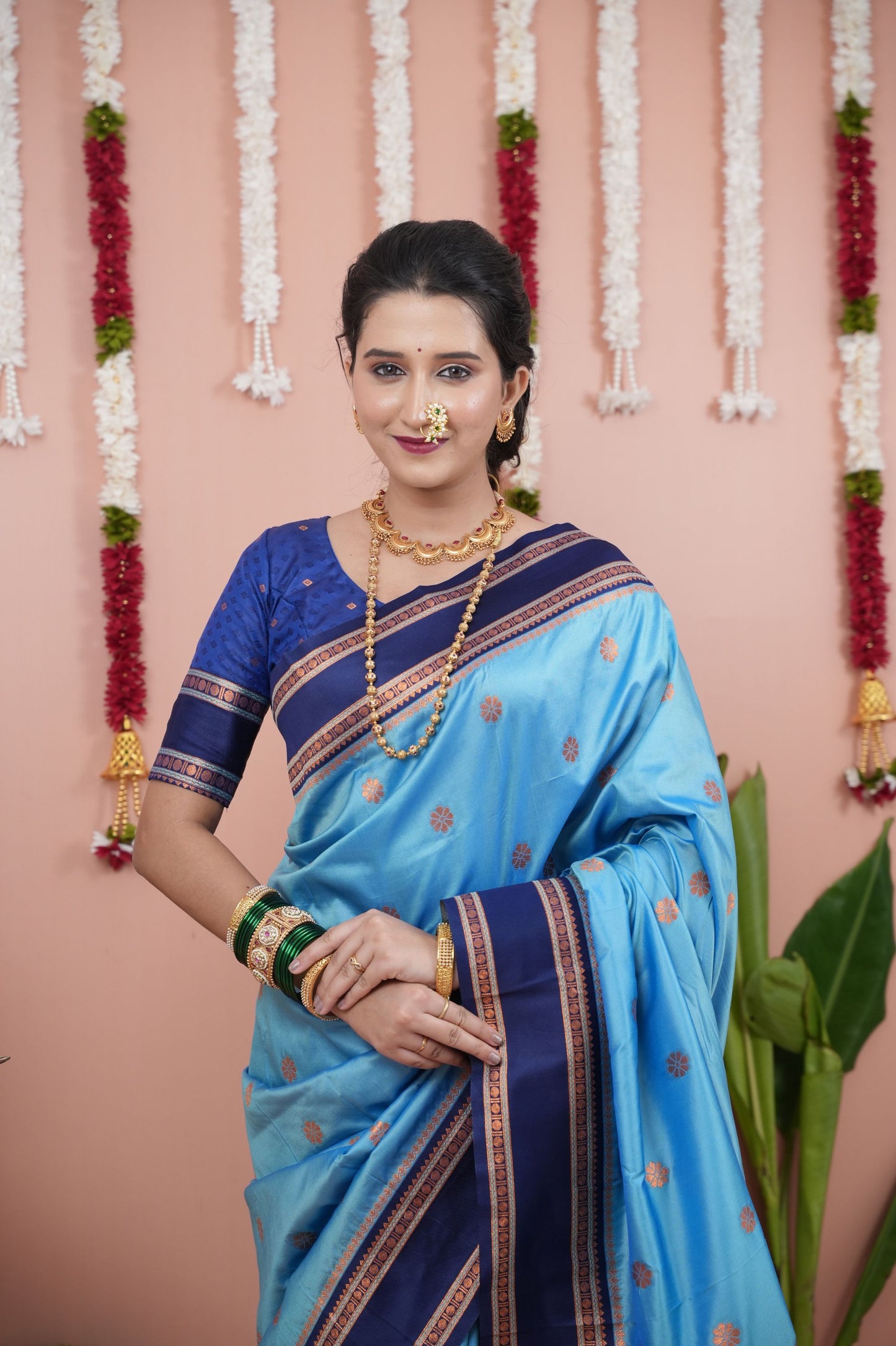 Sky Blue Silk Saree Navy Blue Woven Border Traditional Design