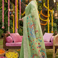 Pastel Green Silk Saree Multicolor Peacock Floral Print Zari Border