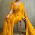 Mustard Yellow Chiffon Saree Zari Border Embroidered Blouse