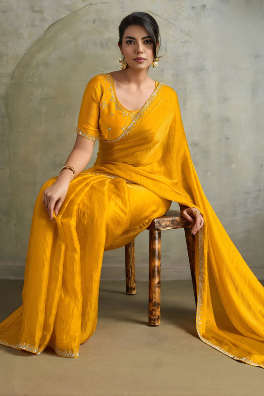 Mustard Yellow Chiffon Saree Zari Border Embroidered Blouse