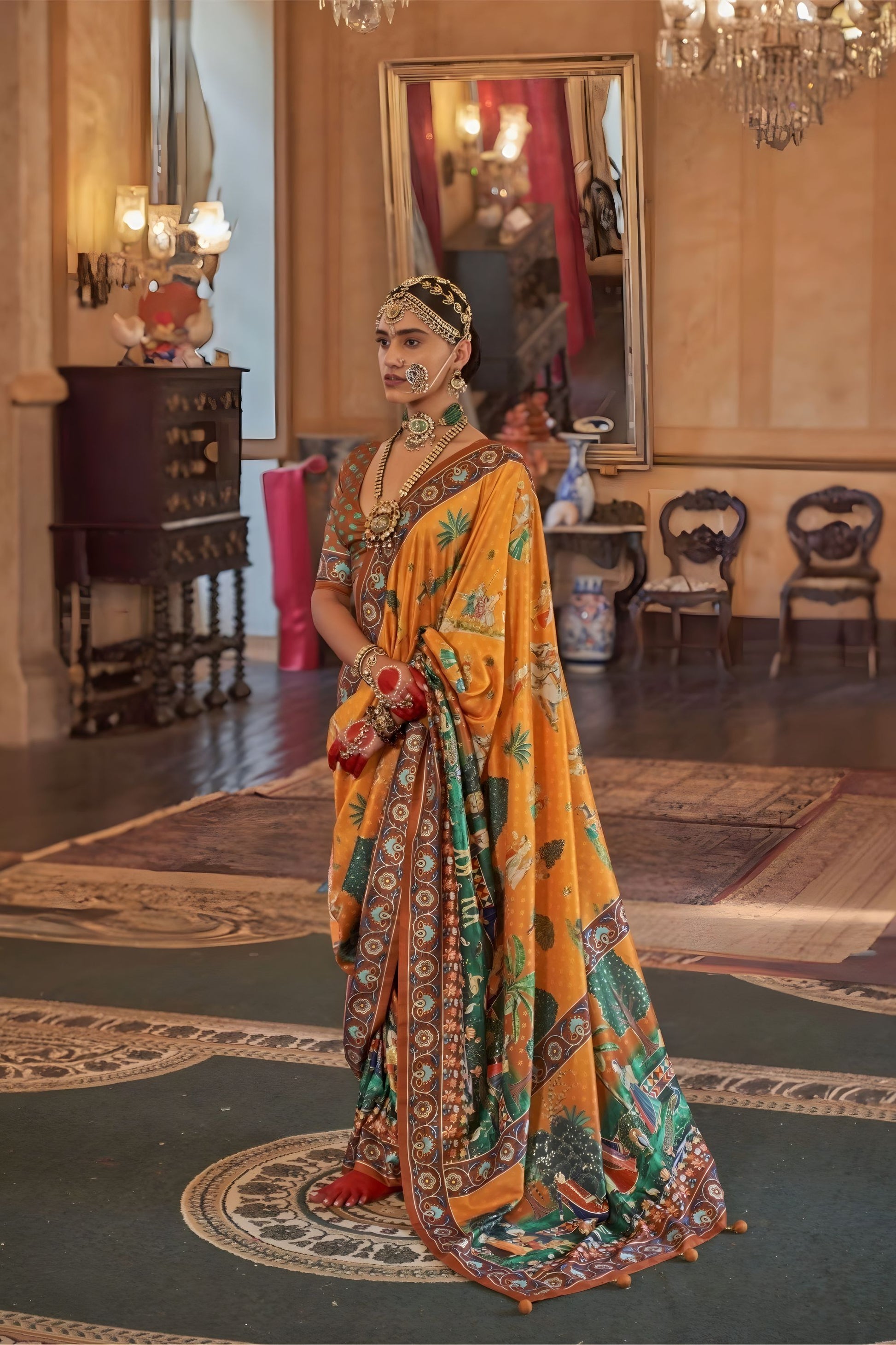 Mustard Yellow Designer Silk Saree Traditional Rajasthani Print Border