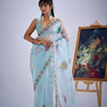 Designer Sky Blue Organza Saree with Floral Embroidery Party Saree