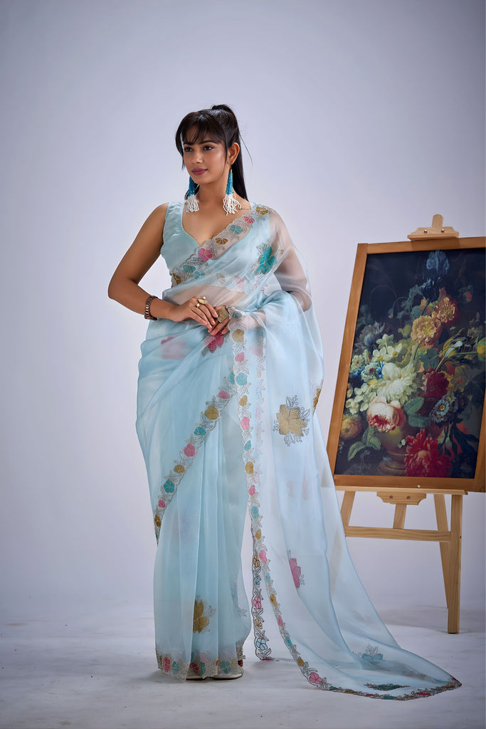 Designer Sky Blue Organza Saree with Floral Embroidery Party Saree