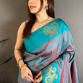 Teal Blue Soft Silk Saree with Contrast Designer Pallu and Zari Work