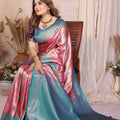Teal Blue Pink Banarasi Silk Saree with Rich Zari Weaving and Contrast Border