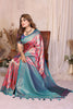 Teal Blue Pink Banarasi Silk Saree with Rich Zari Weaving and Contrast Border