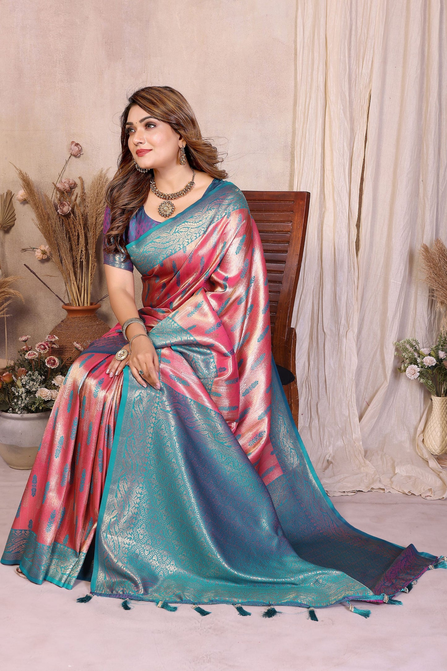 Teal Blue Pink Banarasi Silk Saree with Rich Zari Weaving and Contrast Border