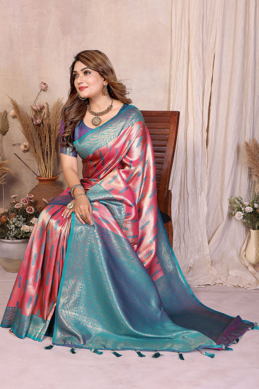 Teal Blue Pink Banarasi Silk Saree with Rich Zari Weaving and Contrast Border