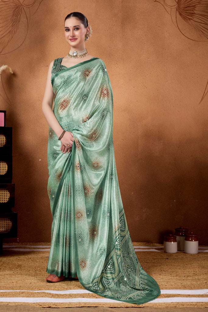 Mint Green Bandhani Print Saree with Zari Detailing Designer Saree