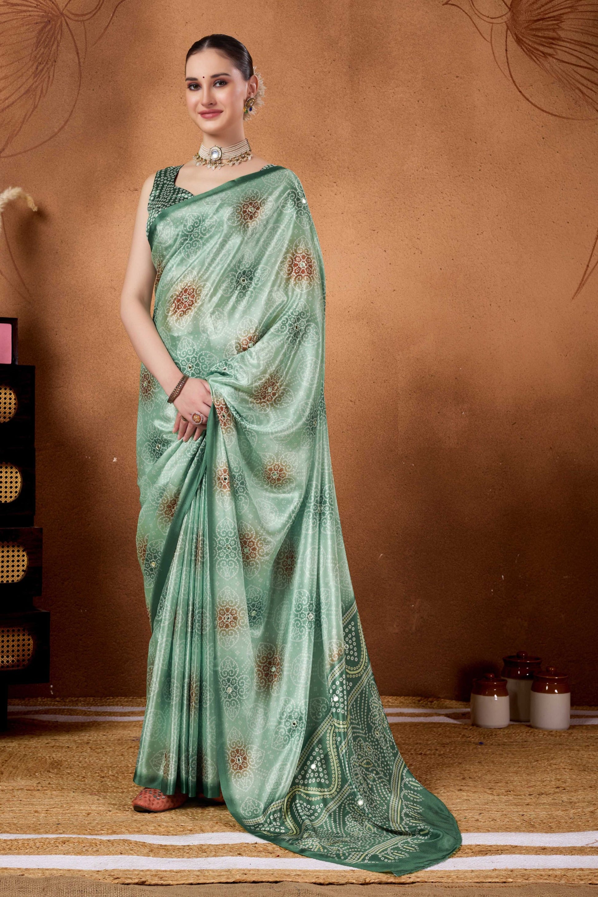 Mint Green Bandhani Print Saree with Zari Detailing Designer Saree
