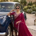 Wine Purple Georgette Saree Stone Embroidered Border Designer Blouse