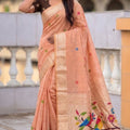 Peach Pink Tussar Silk Saree Multicolor Bird Floral Motif Pallu