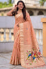 Peach Pink Tussar Silk Saree Multicolor Bird Floral Motif Pallu