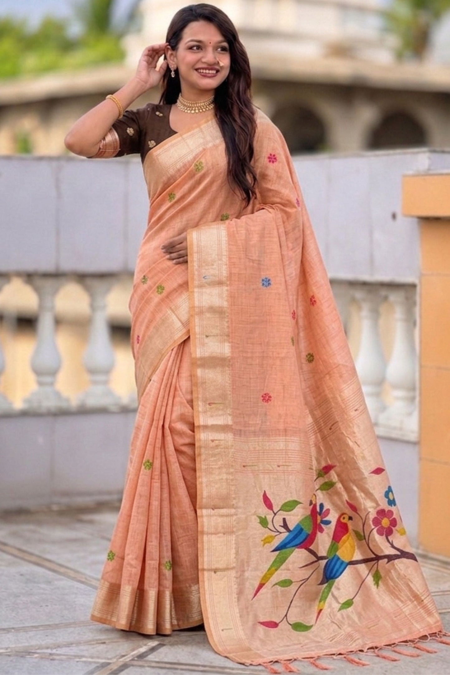 Peach Pink Tussar Silk Saree Multicolor Bird Floral Motif Pallu